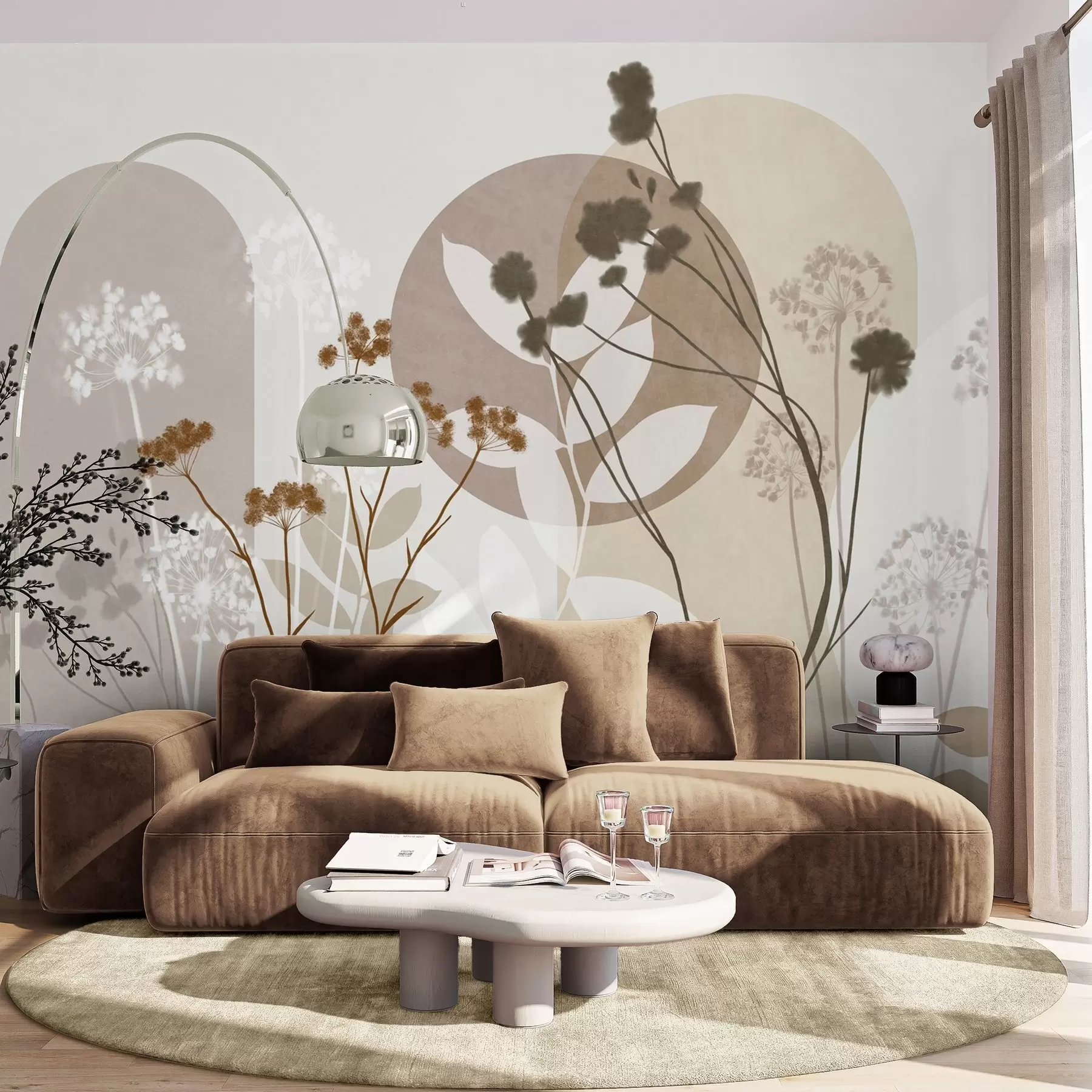 carta da parati Composizione botanica e minimalista di fiori e foglie essiccati con motivi geometrici astratti nr. w09906