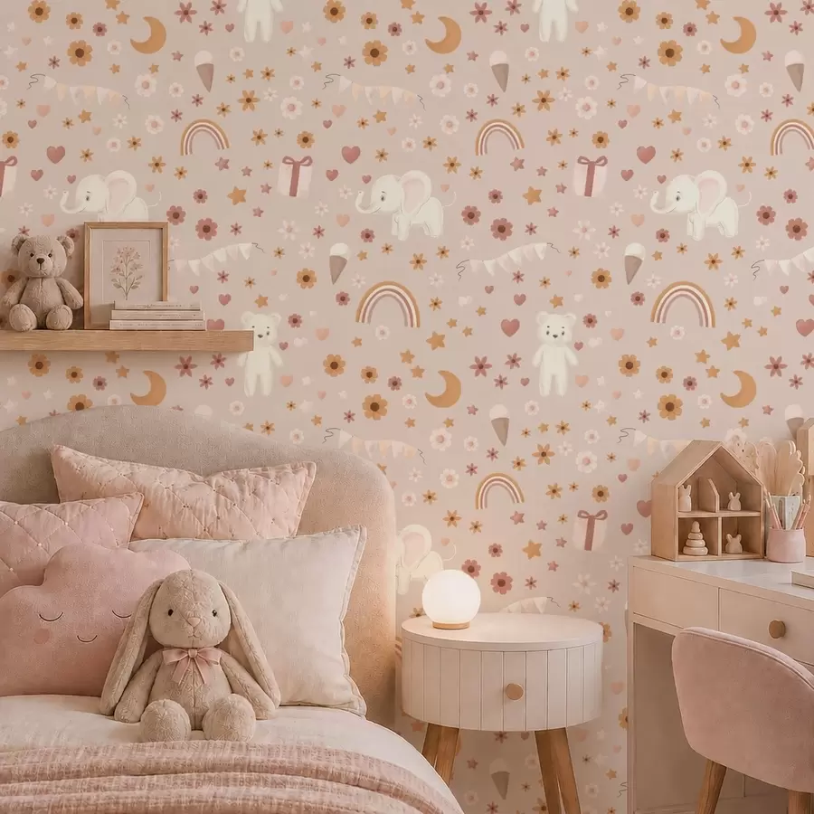 carta da parati Motivo per bambini con elefante, arcobaleno e fiori nr. a00433
