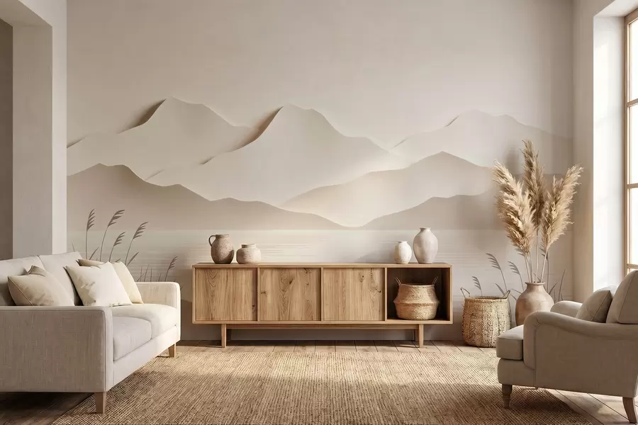 Carta da parati nature Paesaggio montano a strati che si affaccia su un lago tranquillo, in una calda palette di colori beige 