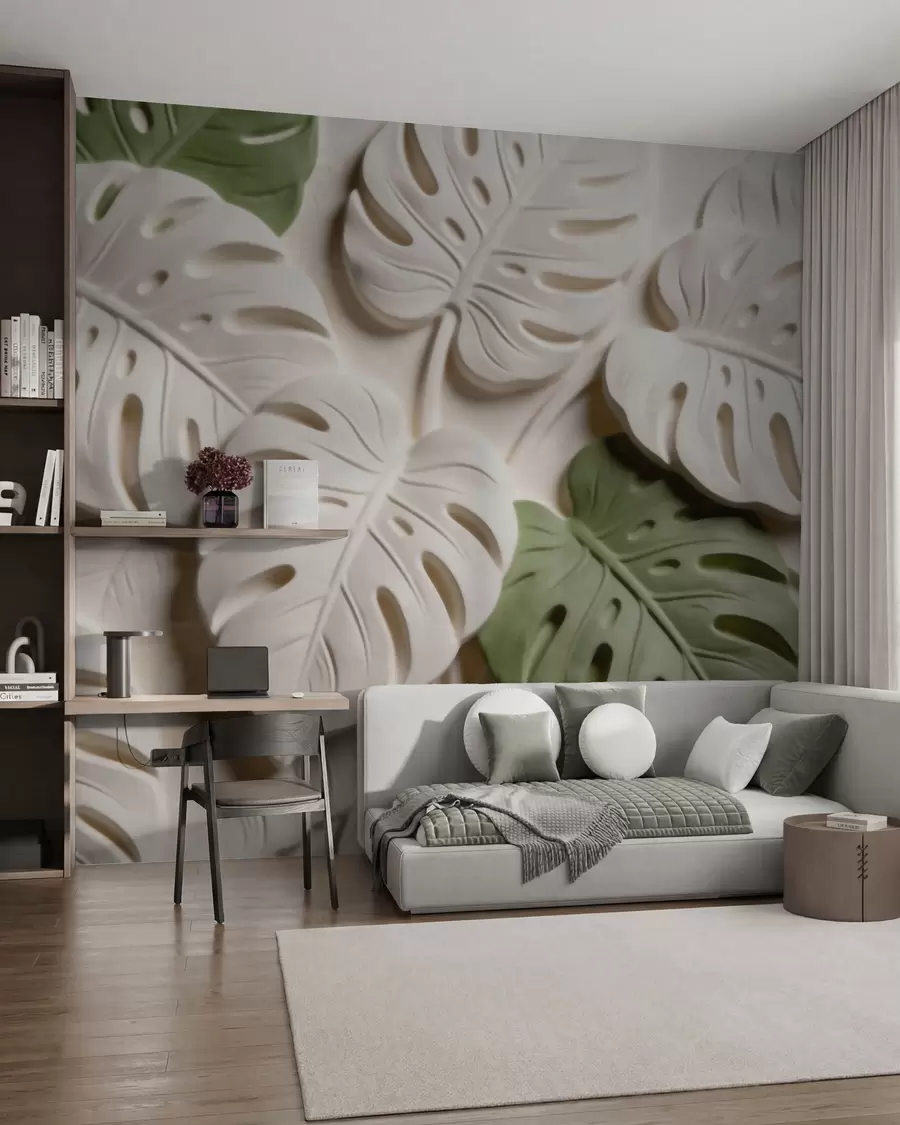Carta da parati nature Foglie di monstera in rilievo, con motivi botanici, nei toni del crema e del verde 