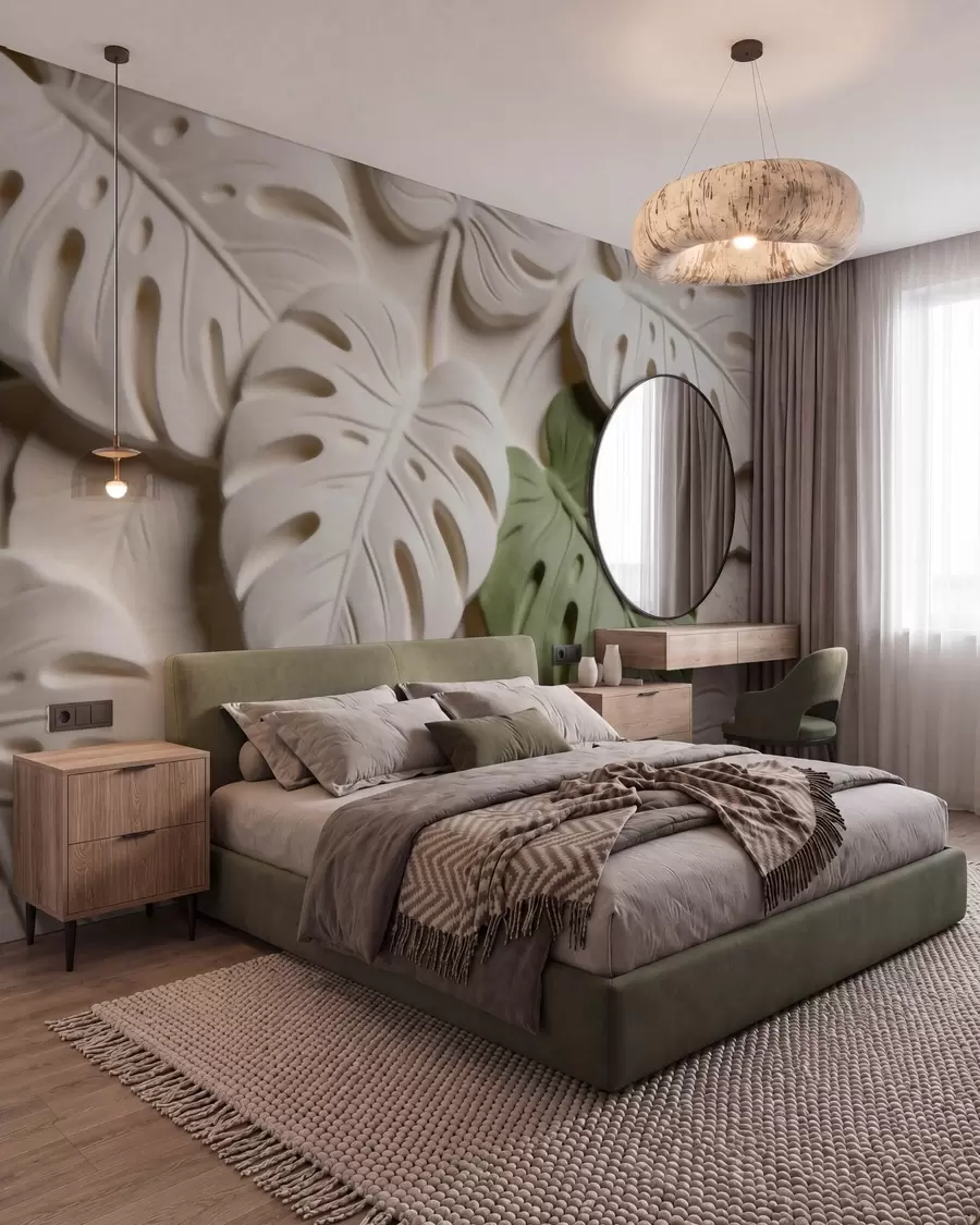 Carta da parati nature Foglie di monstera in rilievo, con motivi botanici, nei toni del crema e del verde 