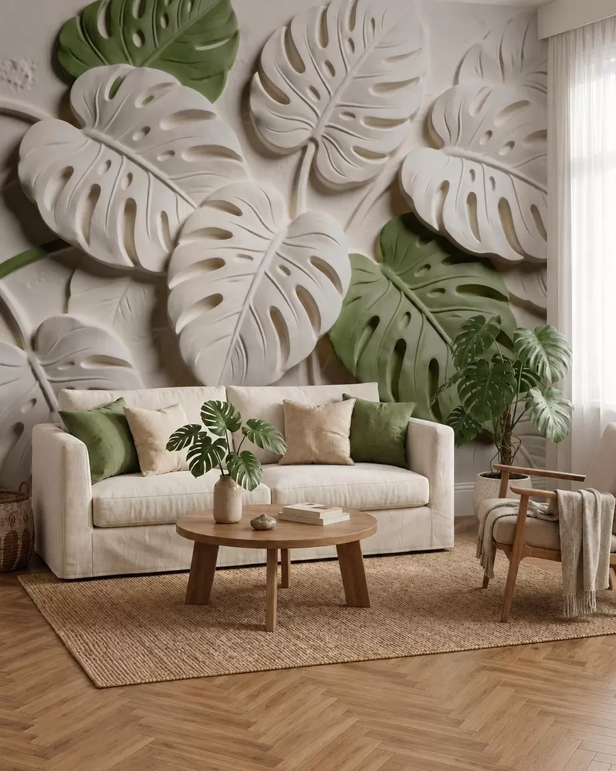 Carta da parati nature Foglie di monstera in rilievo, con motivi botanici, nei toni del crema e del verde 