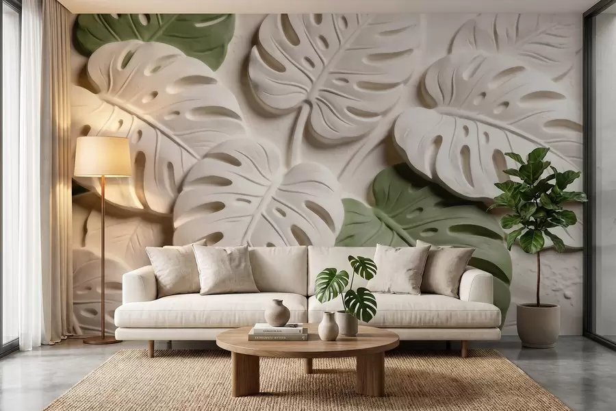 Carta da parati nature Foglie di monstera in rilievo, con motivi botanici, nei toni del crema e del verde 