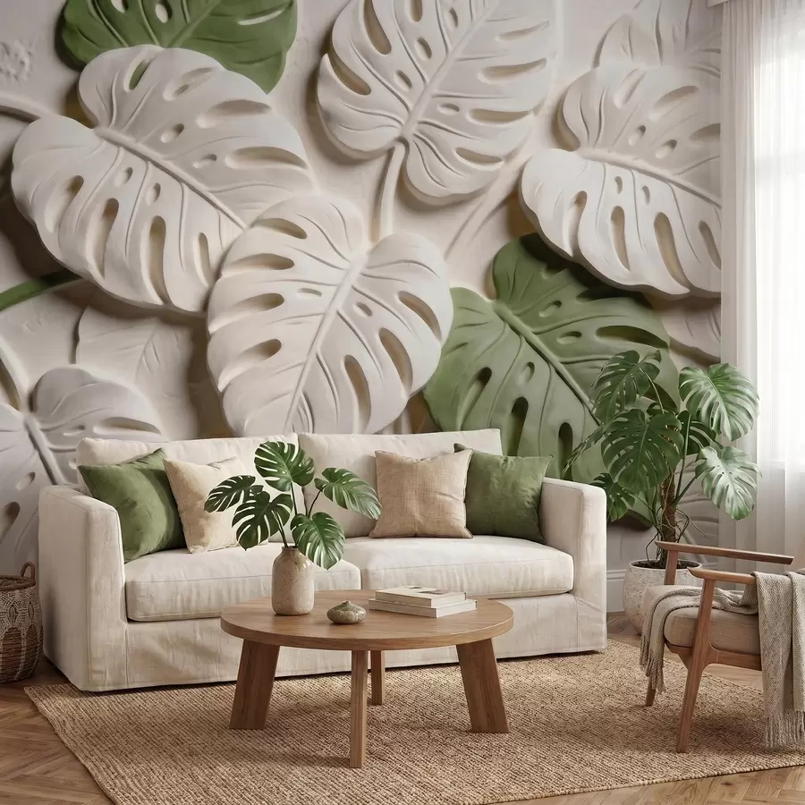 carta da parati Foglie di monstera in rilievo, con motivi botanici, nei toni del crema e del verde nr. w09883