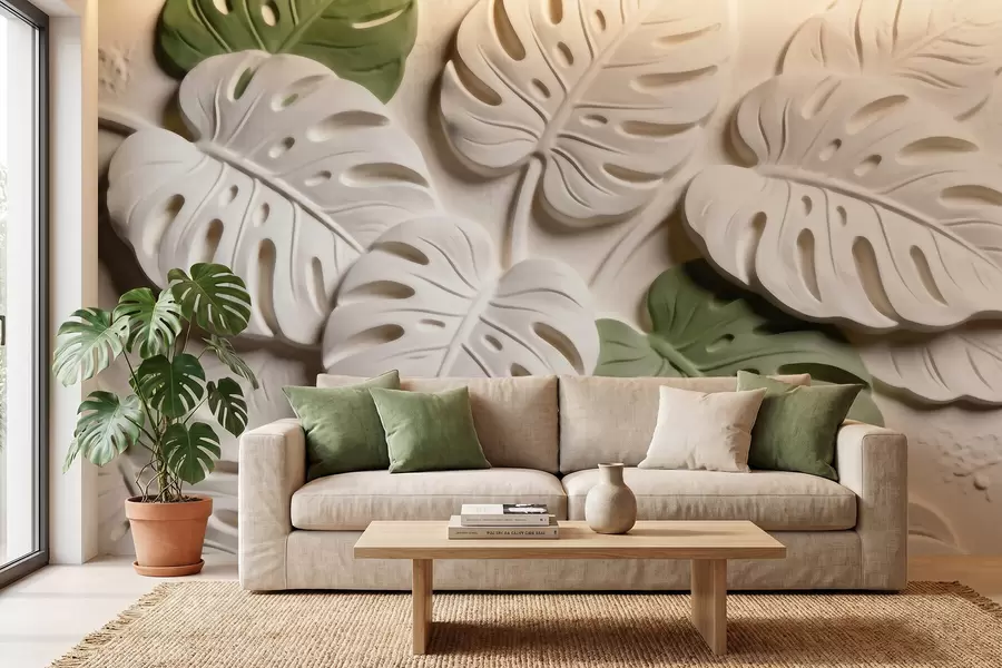 Carta da parati nature Foglie di monstera in rilievo, con motivi botanici, nei toni del crema e del verde 