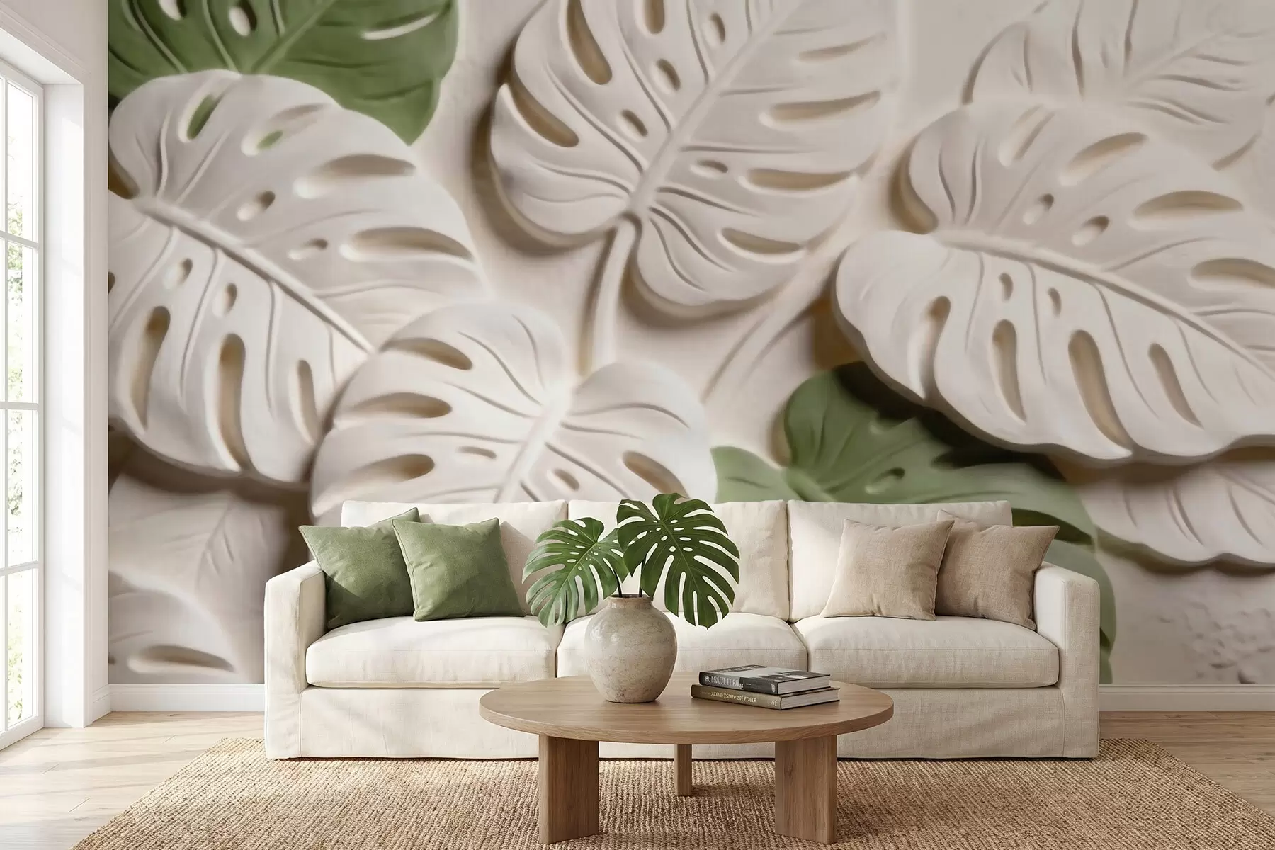 Carta da parati nature Foglie di monstera in rilievo, con motivi botanici, nei toni del crema e del verde 