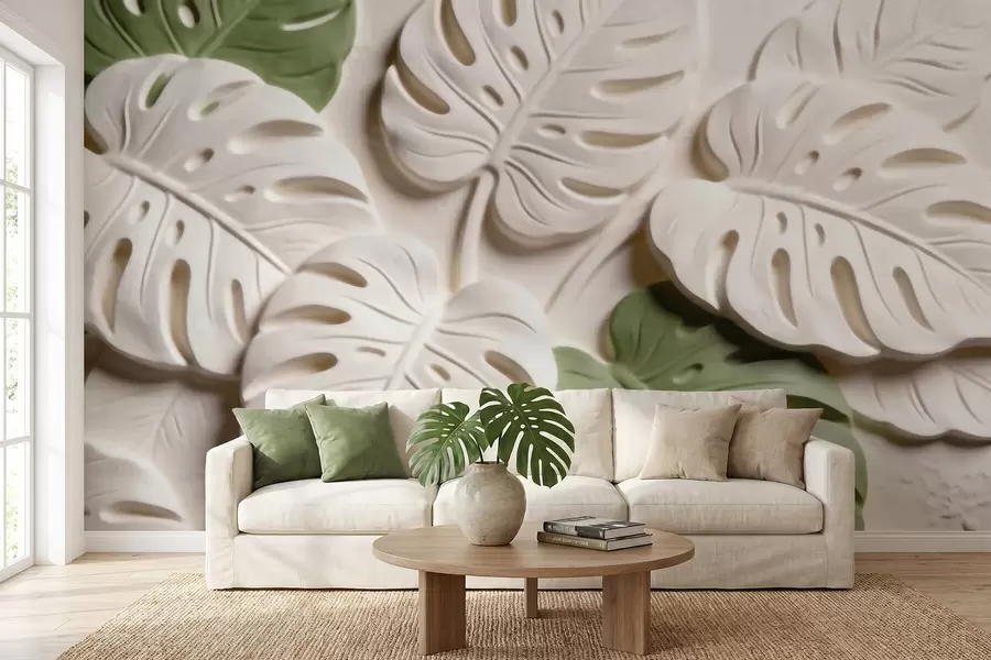 Carta da parati nature Foglie di monstera in rilievo, con motivi botanici, nei toni del crema e del verde 