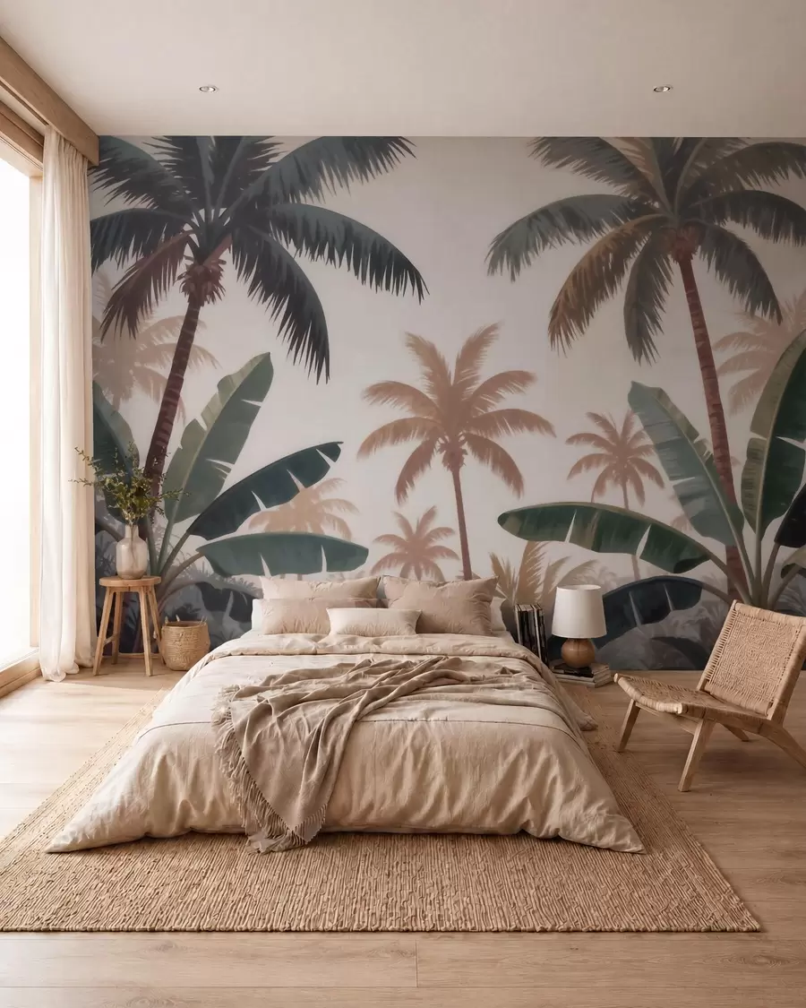 Carta da parati nature Palme tropicali in una delicata palette vintage, immerse in un'atmosfera nebbiosa da mattina 