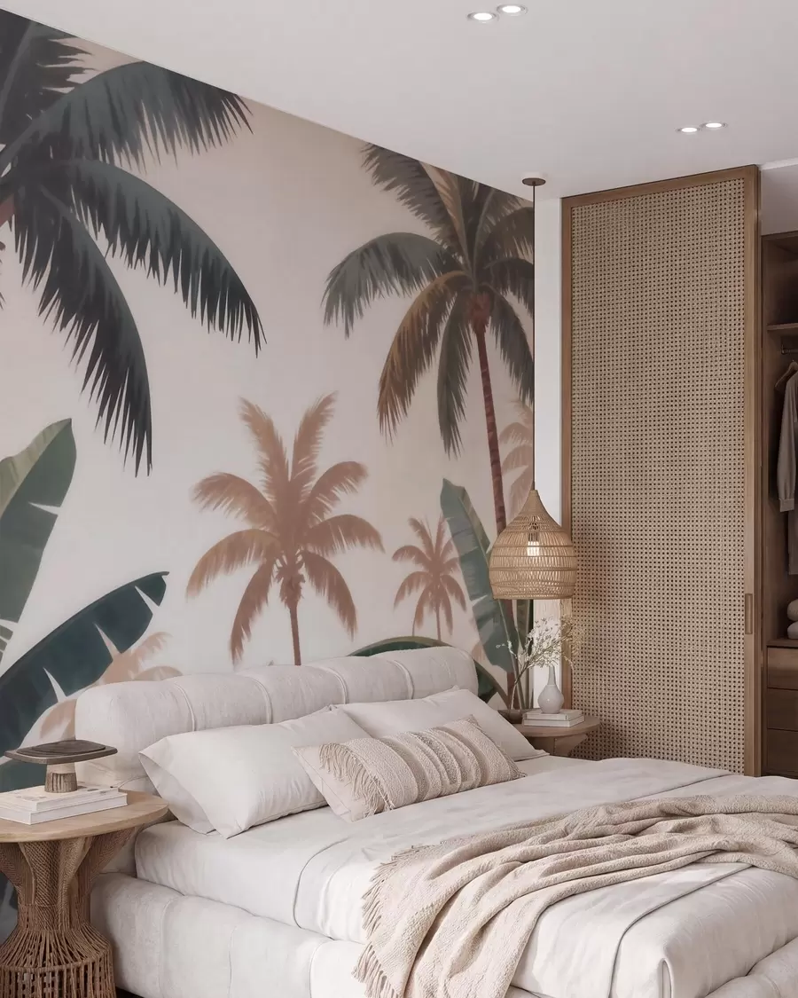 Carta da parati nature Palme tropicali in una delicata palette vintage, immerse in un'atmosfera nebbiosa da mattina 