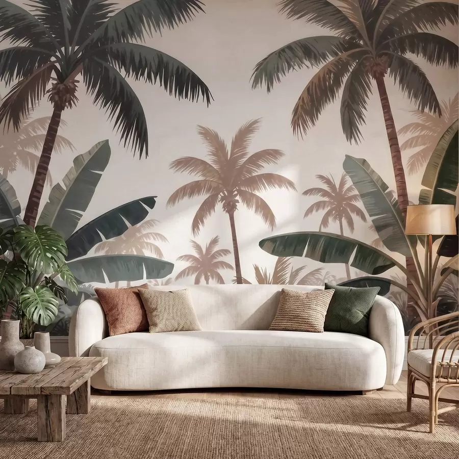 Carta da parati nature Palme tropicali in una delicata palette vintage, immerse in un'atmosfera nebbiosa da mattina 