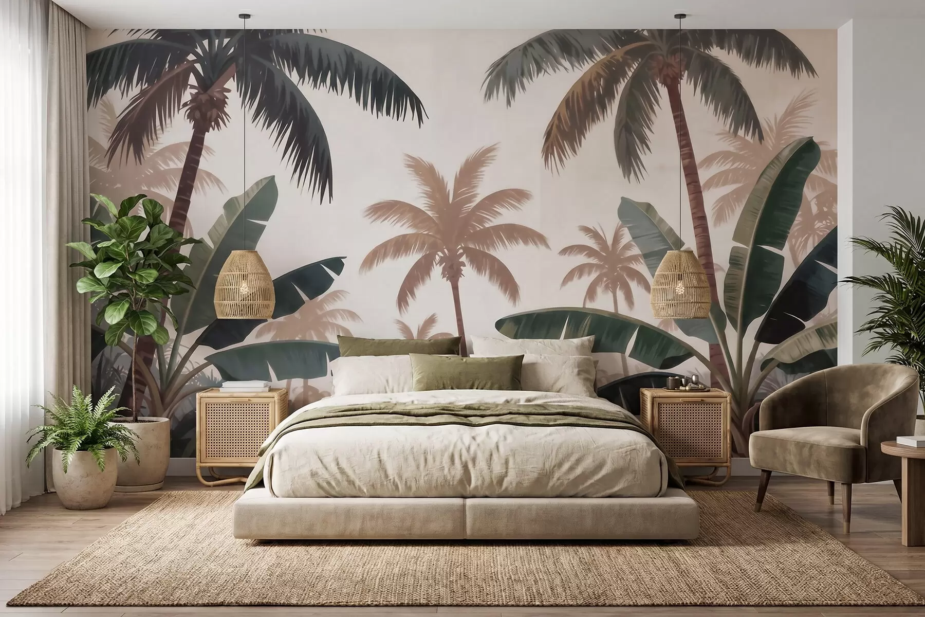 Carta da parati nature Palme tropicali in una delicata palette vintage, immerse in un'atmosfera nebbiosa da mattina 