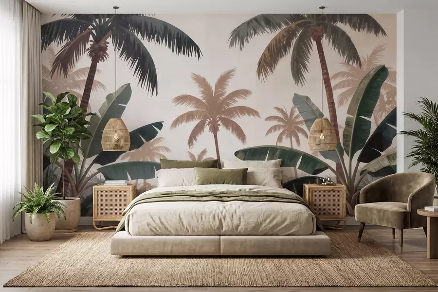 Carta da parati nature Palme tropicali in una delicata palette vintage, immerse in un'atmosfera nebbiosa da mattina 