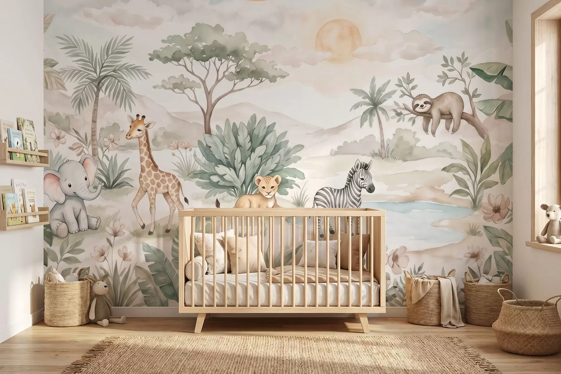 carta da parati Scena di safari dipinta ad acquerello con animali in delicati toni pastello, raffigurante una giraffa, un elefantino, una zebra e un cucciolo di leone nr. w09888