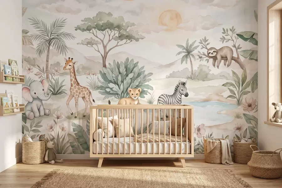 carta da parati Scena di safari dipinta ad acquerello con animali in delicati toni pastello, raffigurante una giraffa, un elefantino, una zebra e un cucciolo di leone nr. w09888