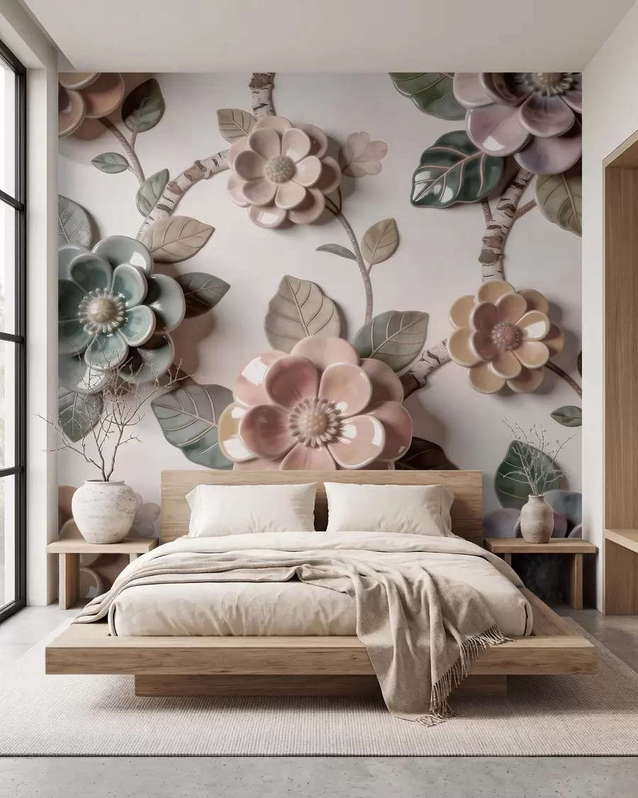Carta da parati Floreale Fiori tridimensionali in ceramica in una delicata gamma di colori pastello n. w09887
