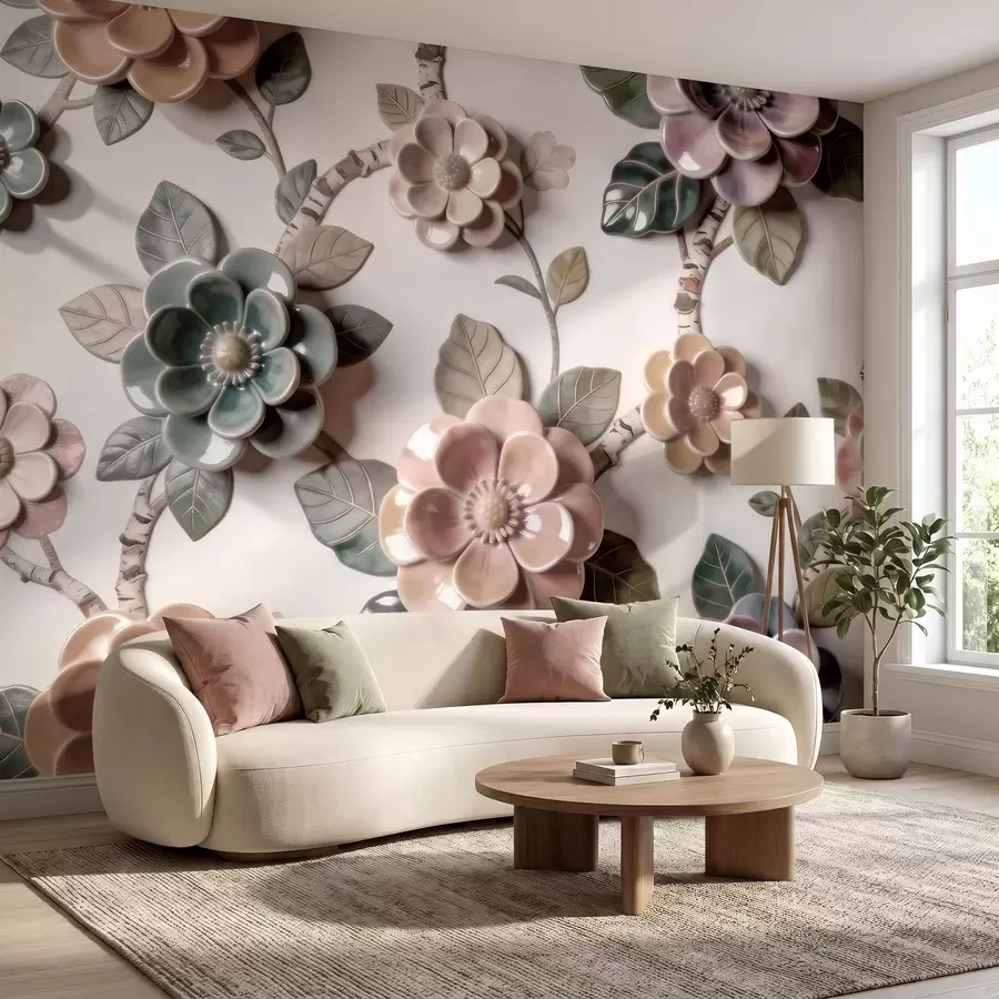 Carta da parati Floreale Fiori tridimensionali in ceramica in una delicata gamma di colori pastello n. w09887