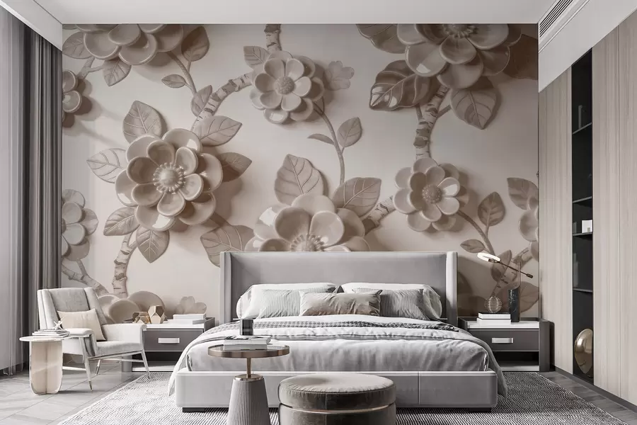 Carta da parati Floreale Elegante composizione beige composta da fiori tridimensionali scolpiti n. w09887v1
