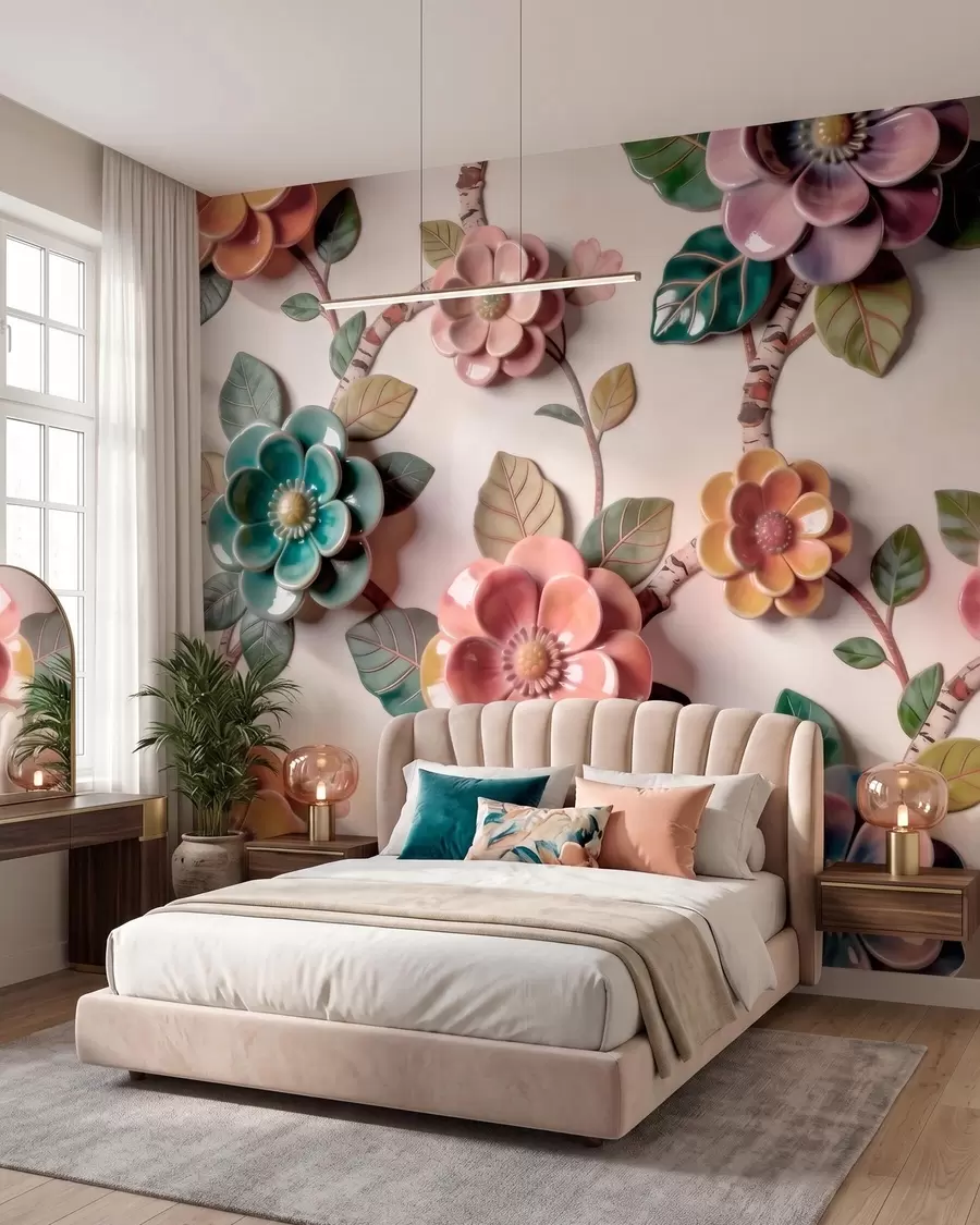 Carta da parati Floreale Fiori e foglie in ceramica tridimensionali in una vivace gamma di colori n. w09887v2