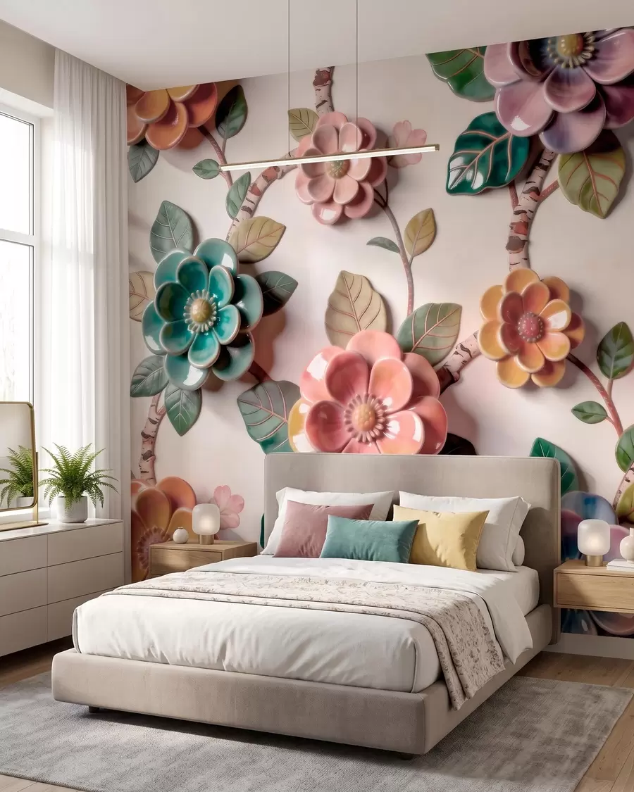 Carta da parati Floreale Fiori e foglie in ceramica tridimensionali in una vivace gamma di colori n. w09887v2