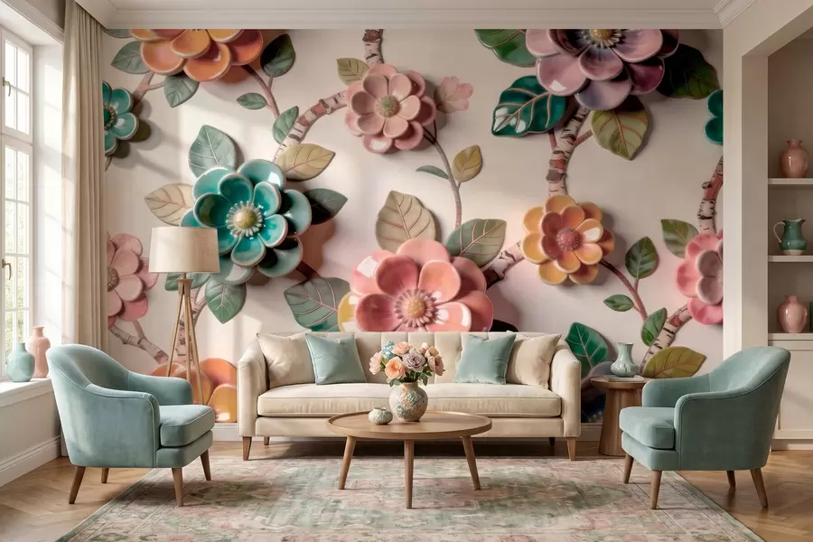 Carta da parati Floreale Fiori e foglie in ceramica tridimensionali in una vivace gamma di colori n. w09887v2