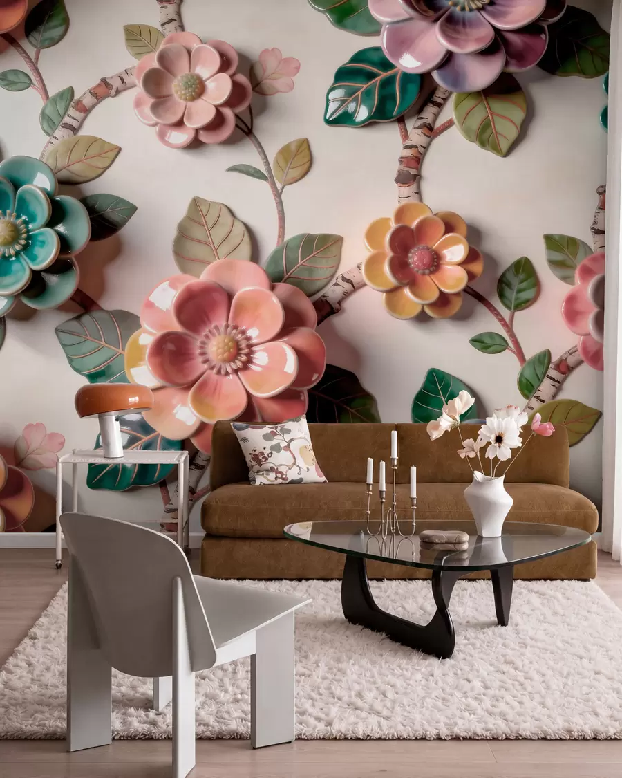 Carta da parati Floreale Fiori e foglie in ceramica tridimensionali in una vivace gamma di colori n. w09887v2