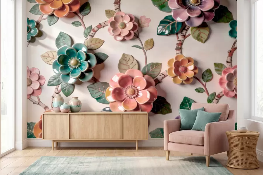 Carta da parati Floreale Fiori e foglie in ceramica tridimensionali in una vivace gamma di colori n. w09887v2