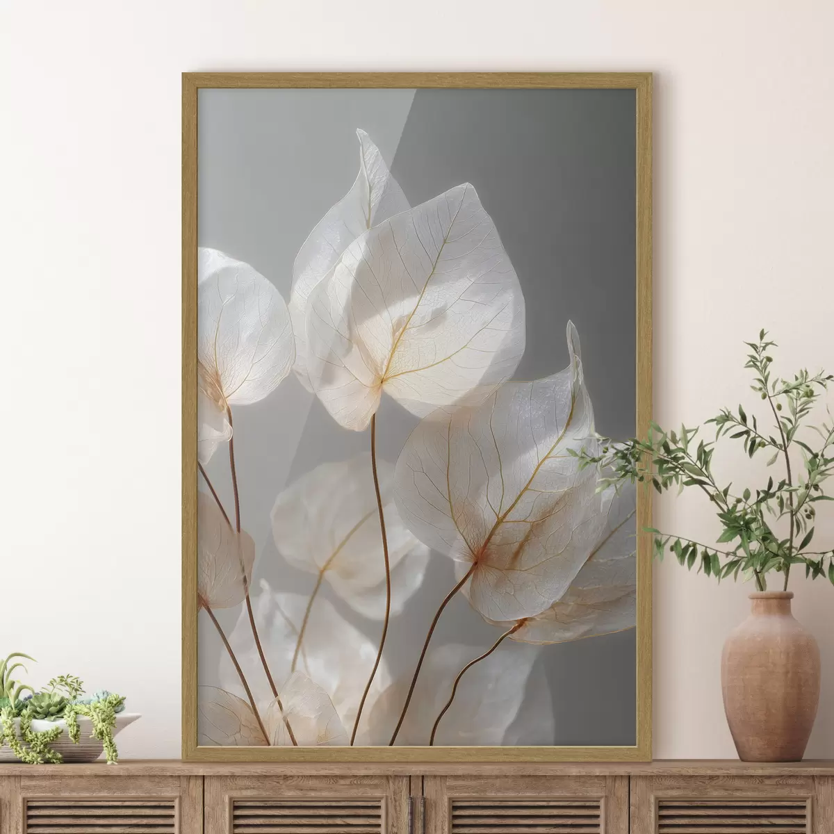 Poster foglie bianche con venature su uno sfondo grigio f49558