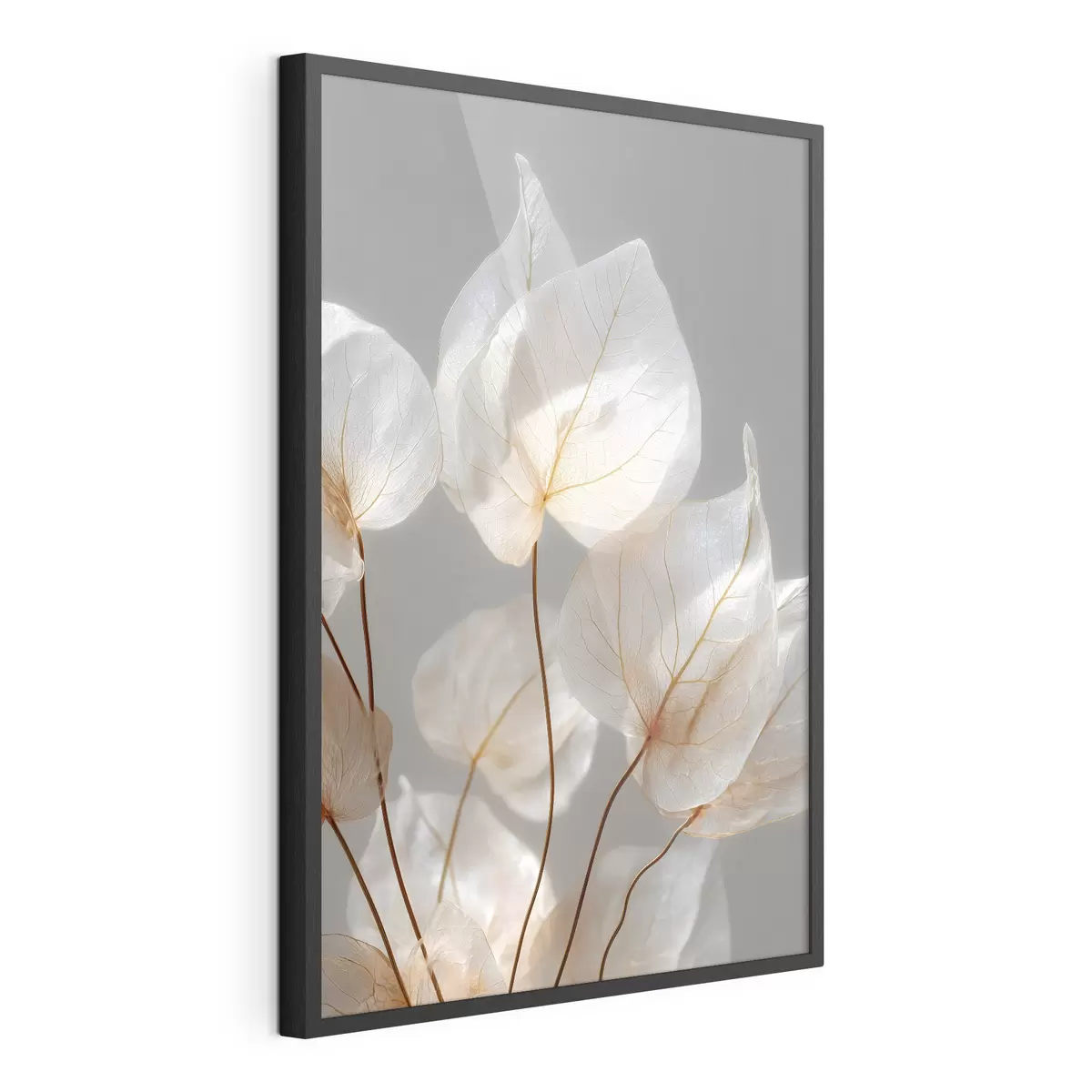 Poster foglie bianche con venature su uno sfondo grigio f49558