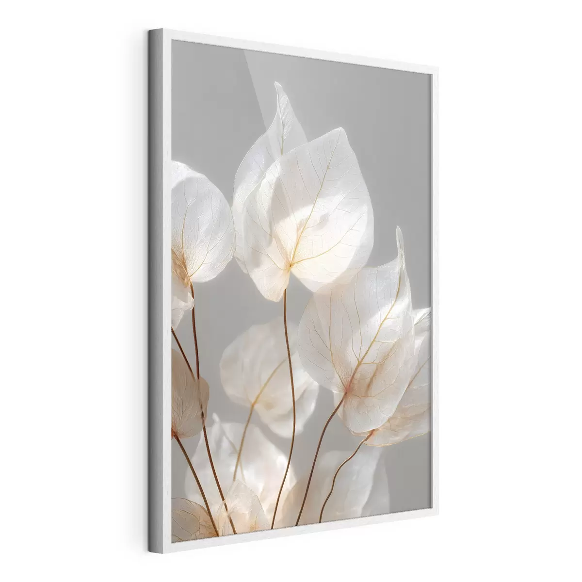 Poster foglie bianche con venature su uno sfondo grigio f49558