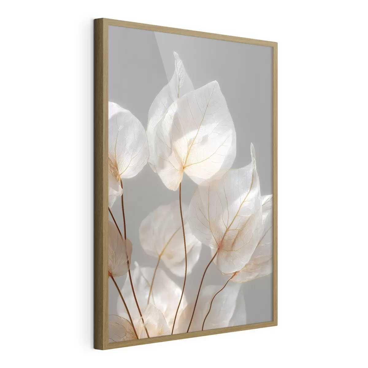 Poster foglie bianche con venature su uno sfondo grigio f49558