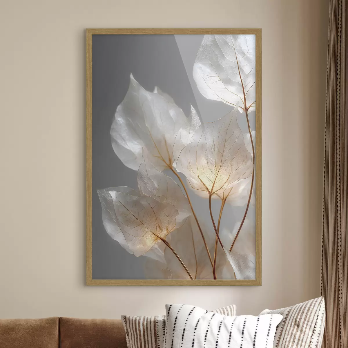 Poster foglie bianche con venature su uno sfondo grigio f49559