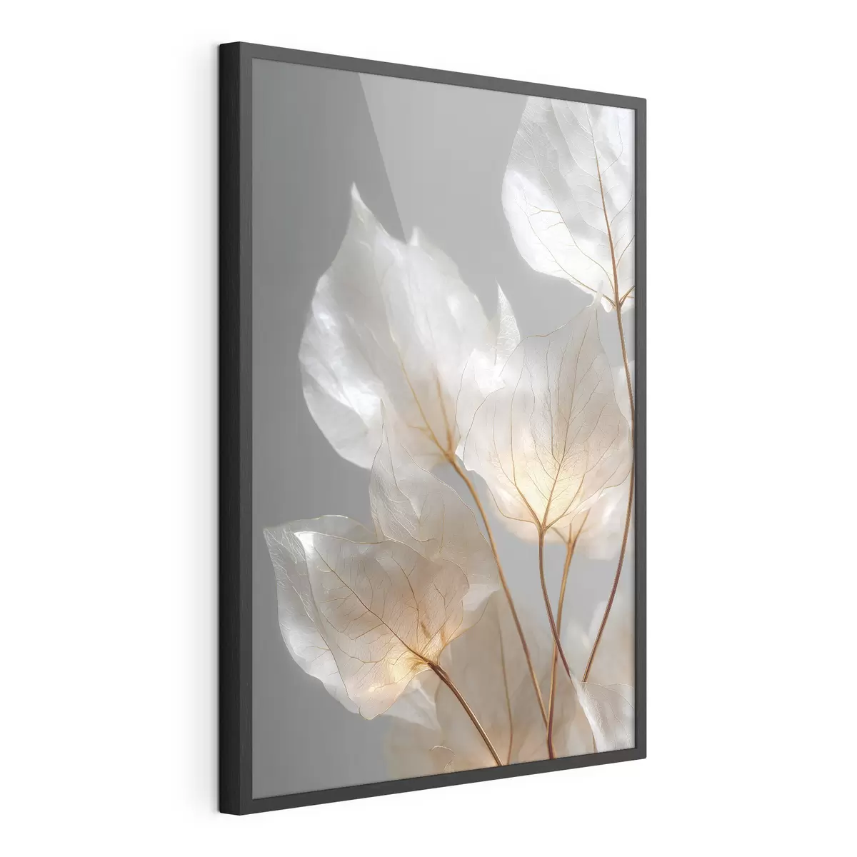 Poster foglie bianche con venature su uno sfondo grigio f49559