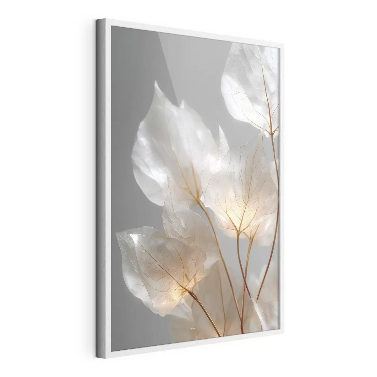 Poster foglie bianche con venature su uno sfondo grigio f49559