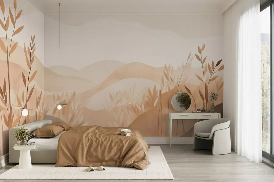 Carta da parati nature Paesaggio astratto con colline ondulate nei toni del marrone e del beige, opera d'arte con texture 