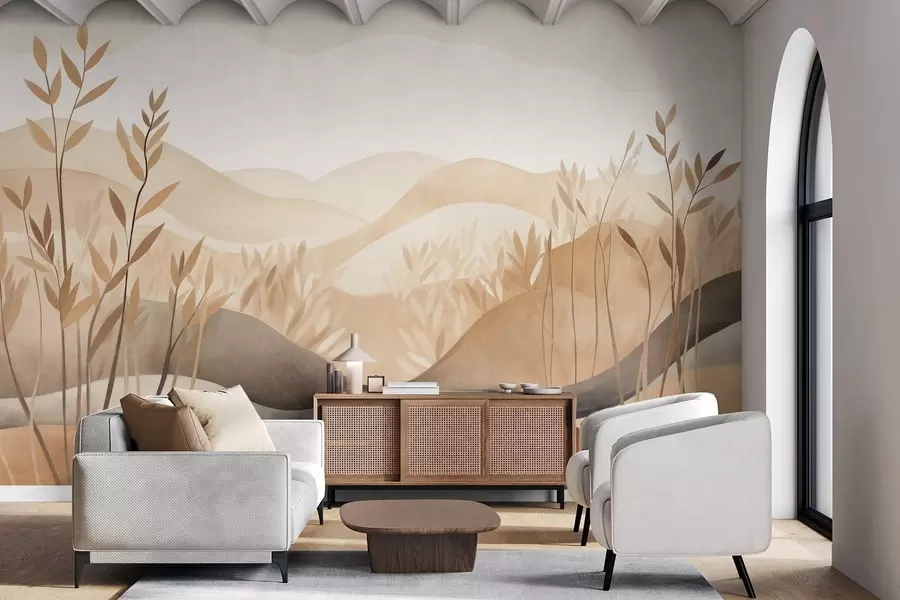 Carta da parati nature Paesaggio astratto con colline ondulate nei toni del marrone e del beige, opera d'arte con texture 