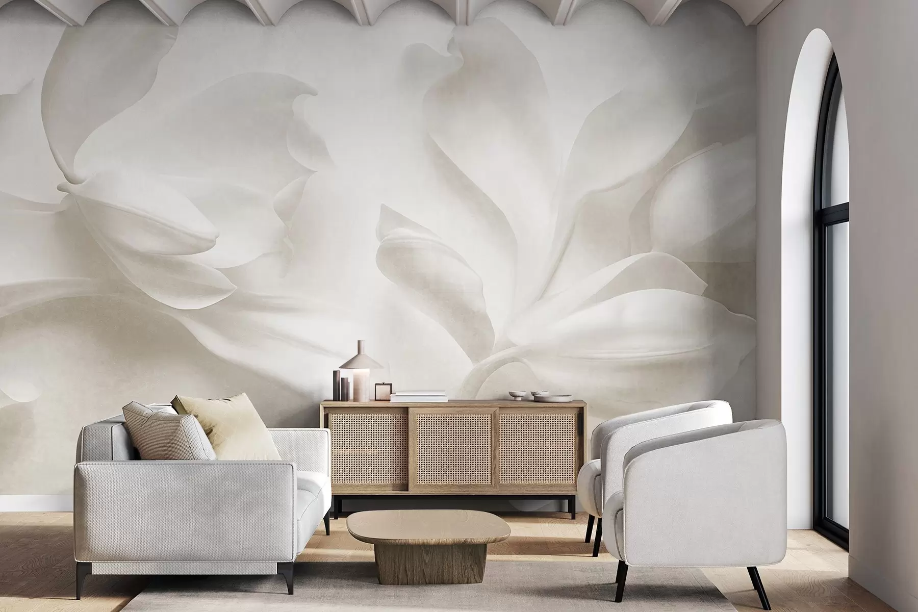 Carta da parati 3D Fiori Fiori di magnolia bianchi dalla trama ricca, con petali delicati, su uno sfondo chiaro sfumato n. w09771