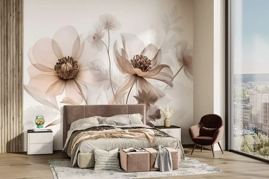 carta da parati Fiori grandi, traslucidi, dai toni color seppia, con petali delicati, foglie piumate e fiorellini più piccoli nr. w09900
