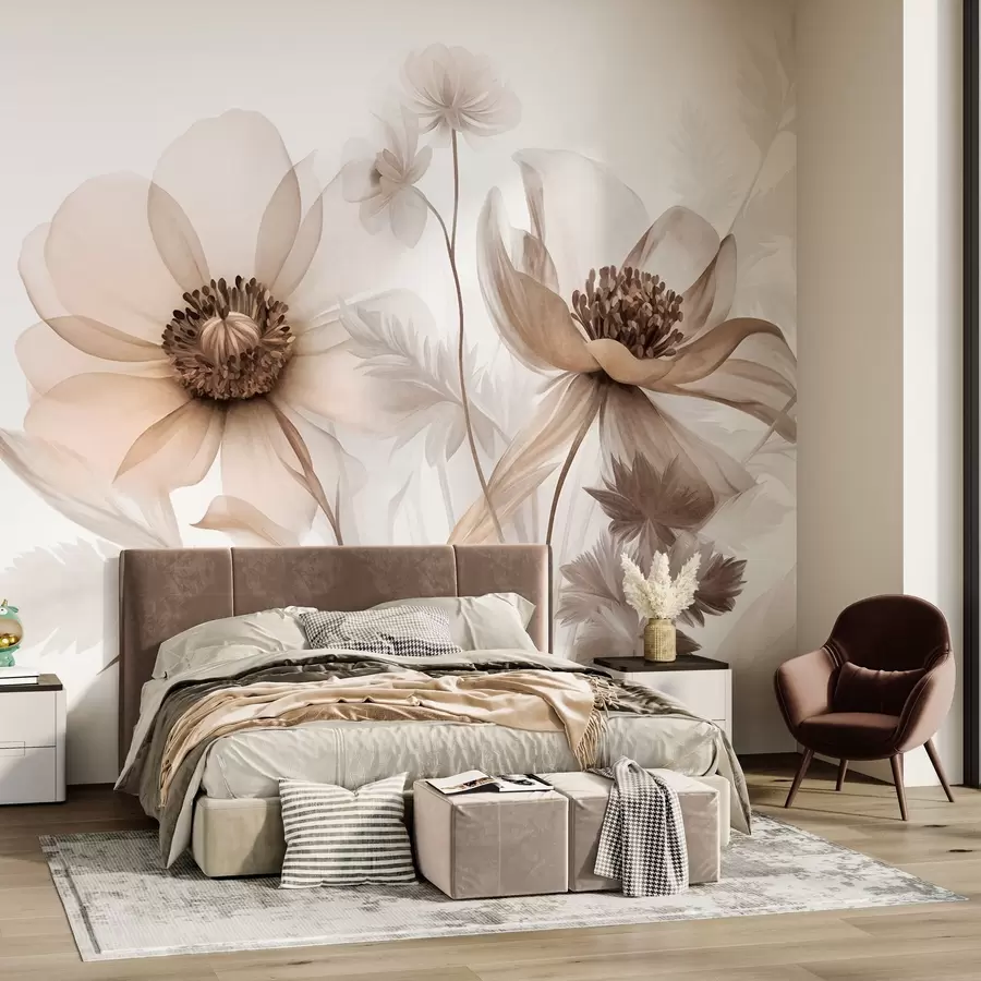 carta da parati Fiori grandi, traslucidi, dai toni color seppia, con petali delicati, foglie piumate e fiorellini più piccoli nr. w09900