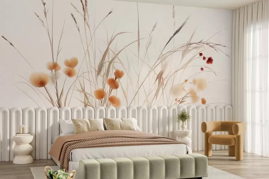 Carta da parati nature Erbe alte e piccoli fiori selvatici arancioni su uno sfondo chiaro, in stile boho con texture 