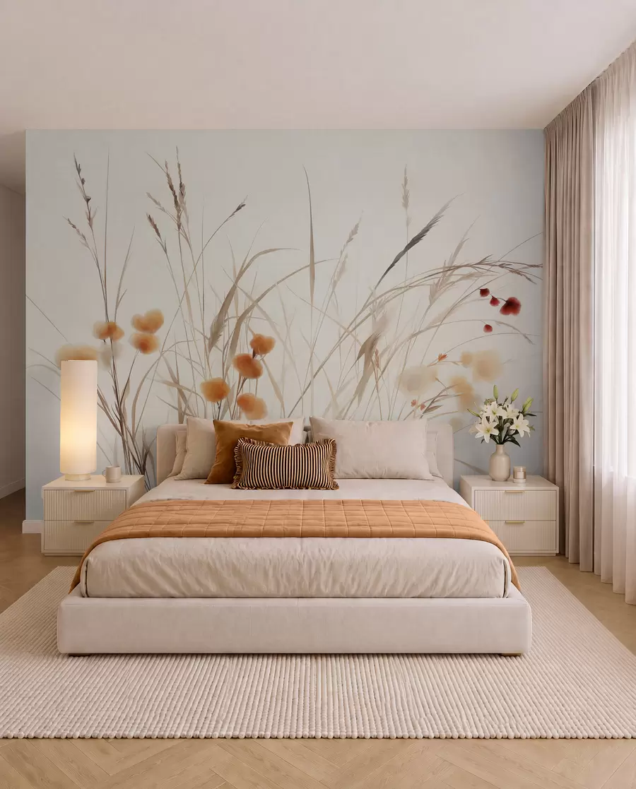 Carta da parati nature Erbe alte e piccoli fiori selvatici arancioni su uno sfondo chiaro, in stile boho con texture 