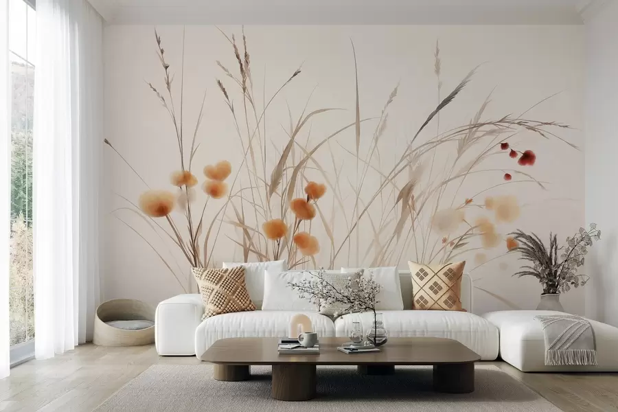 Carta da parati nature Erbe alte e piccoli fiori selvatici arancioni su uno sfondo chiaro, in stile boho con texture 