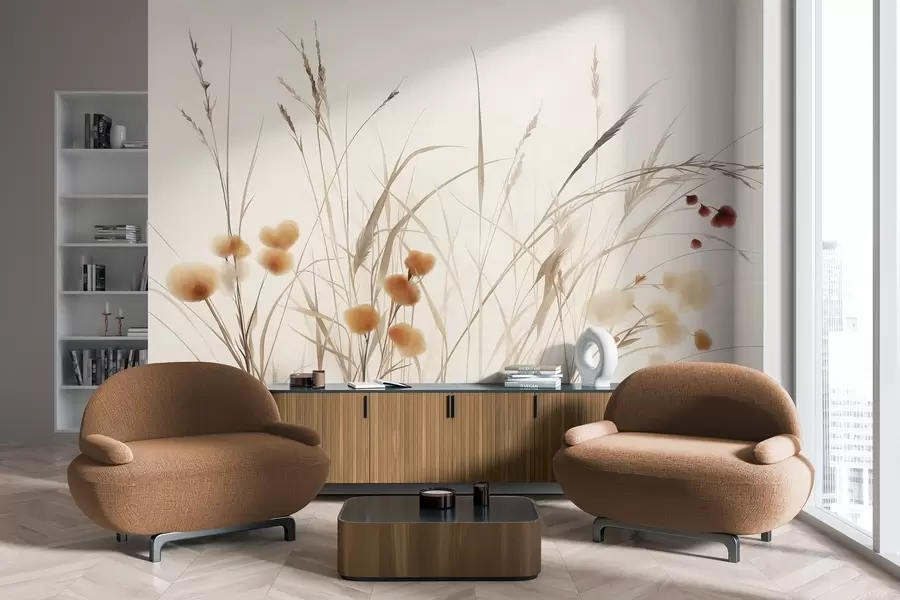 Carta da parati nature Erbe alte e piccoli fiori selvatici arancioni su uno sfondo chiaro, in stile boho con texture 
