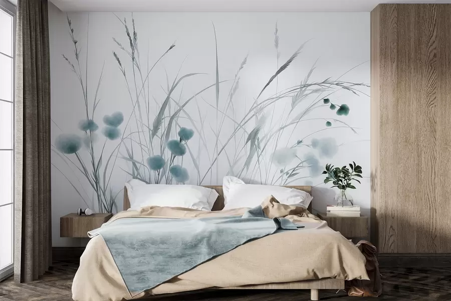 Carta da parati nature Erbe alte e piccoli fiori selvatici blu su uno sfondo chiaro, in stile boho con texture 