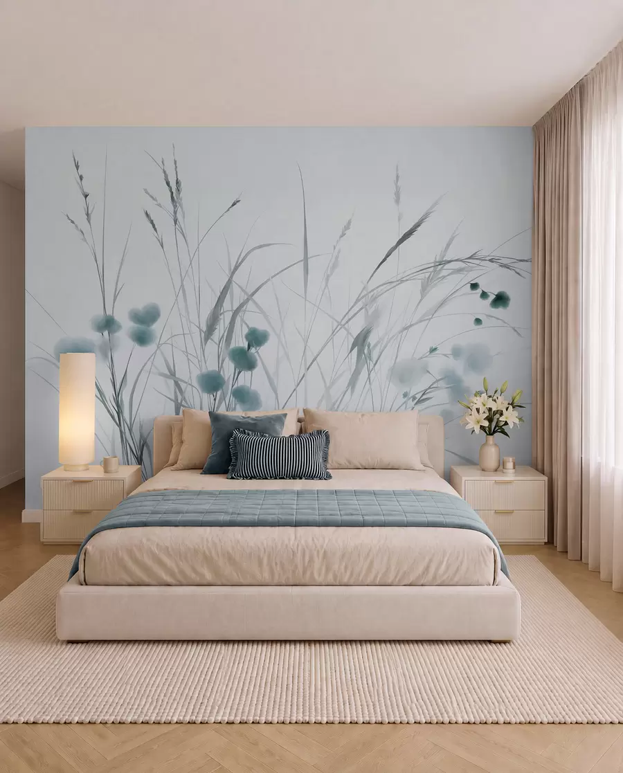 Carta da parati nature Erbe alte e piccoli fiori selvatici blu su uno sfondo chiaro, in stile boho con texture 