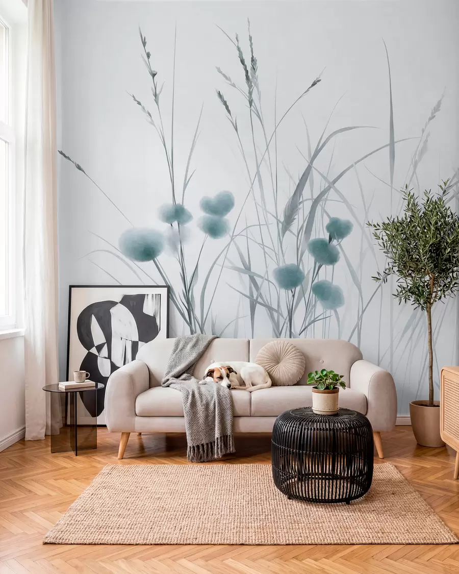 Carta da parati nature Erbe alte e piccoli fiori selvatici blu su uno sfondo chiaro, in stile boho con texture 