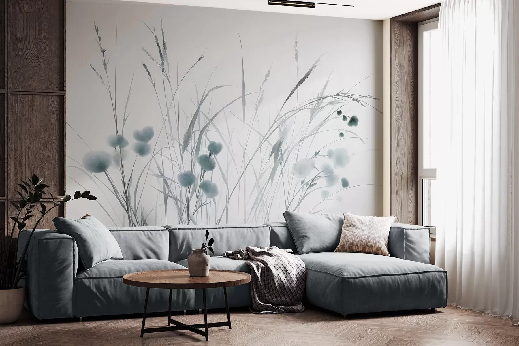 Carta da parati nature Erbe alte e piccoli fiori selvatici blu su uno sfondo chiaro, in stile boho con texture 