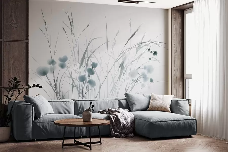 Carta da parati nature Erbe alte e piccoli fiori selvatici blu su uno sfondo chiaro, in stile boho con texture 