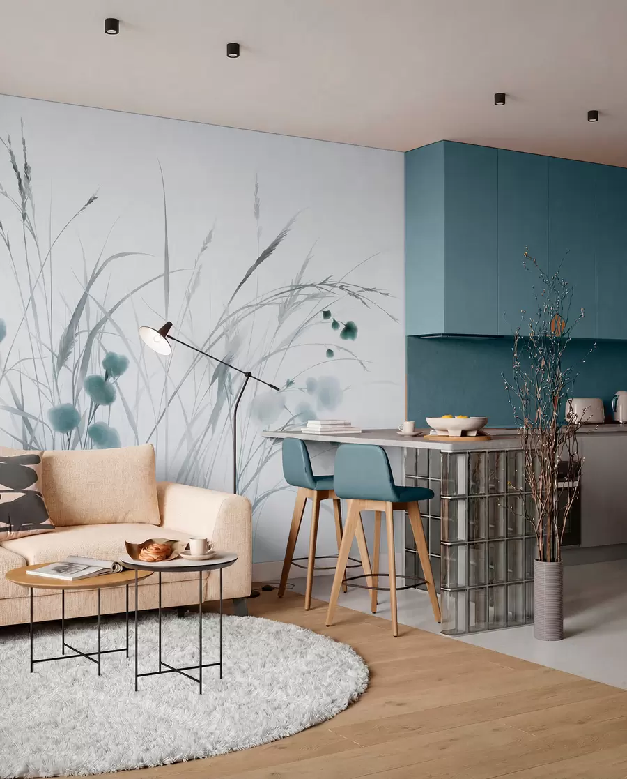 Carta da parati nature Erbe alte e piccoli fiori selvatici blu su uno sfondo chiaro, in stile boho con texture 