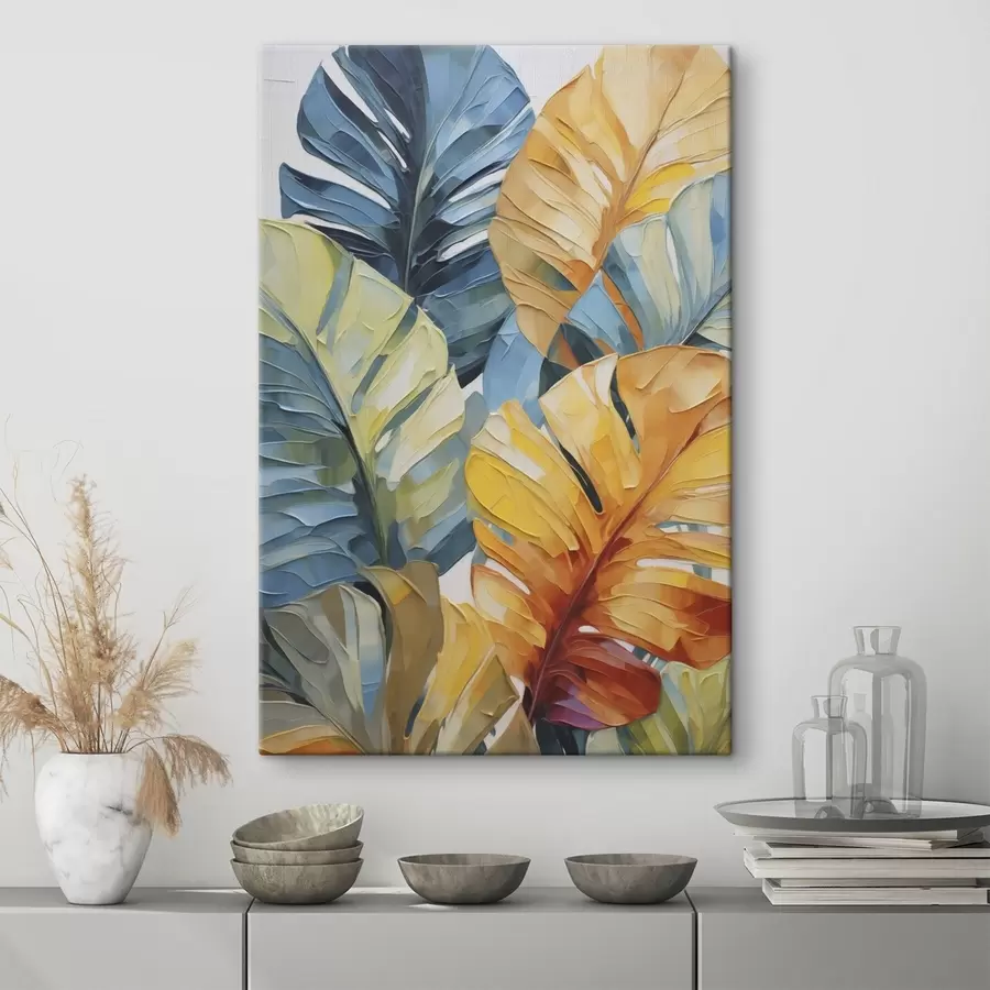 carta da parati Dipinto che riproduce foglie tropicali dai colori vivaci nr. s49601