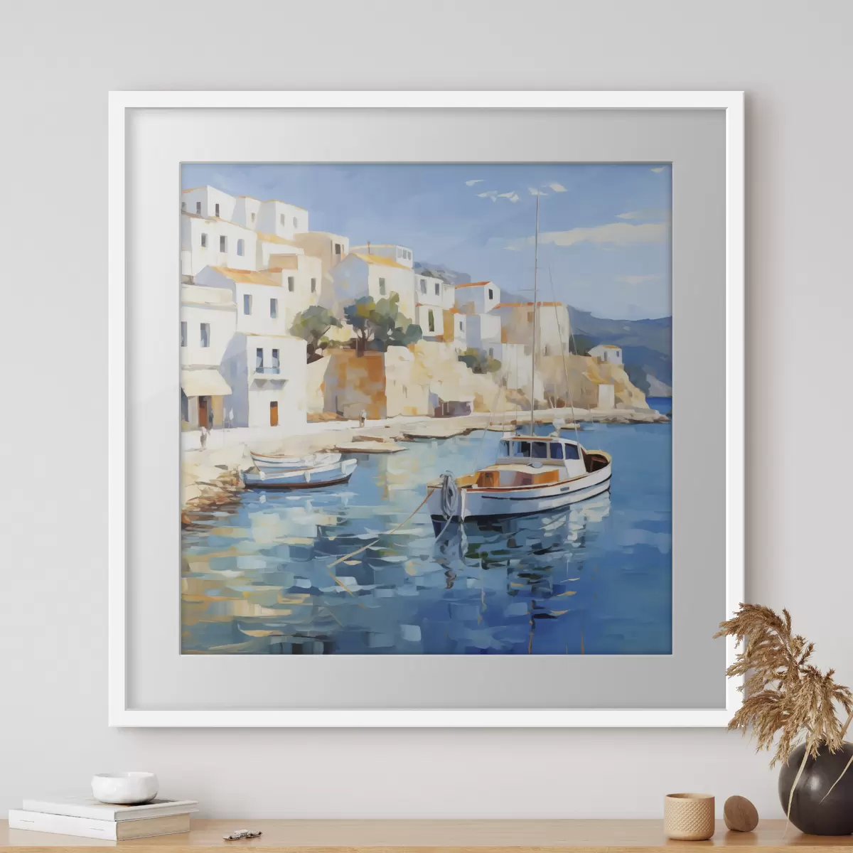 Poster Dipinto che raffigura una cittadina costiera f49591